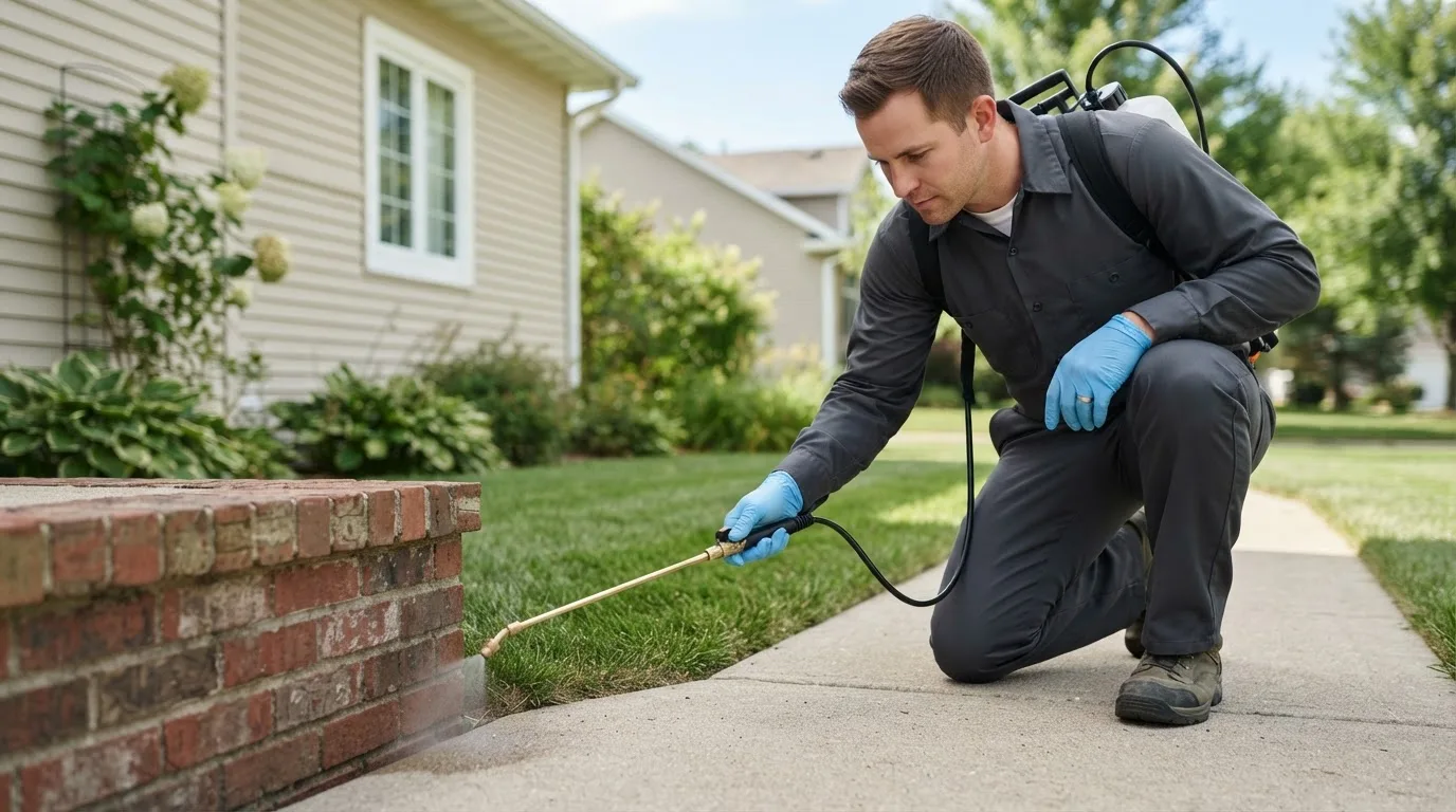 Pest control technician treating a home near Monessen, PA